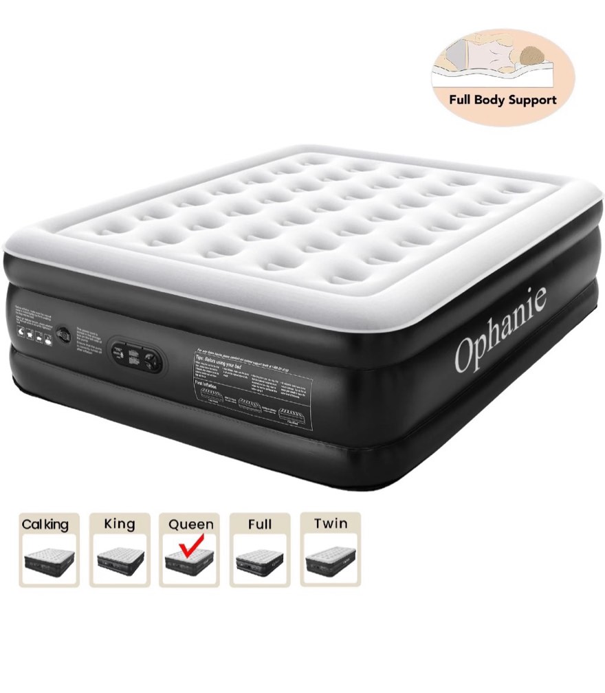 ophanie 18 inch high air mattress queen with built in pump  elevated quick inflation/deflation inflatable beds  high durability blow up mattresses for camping  indoor colchon  guests air bed  black