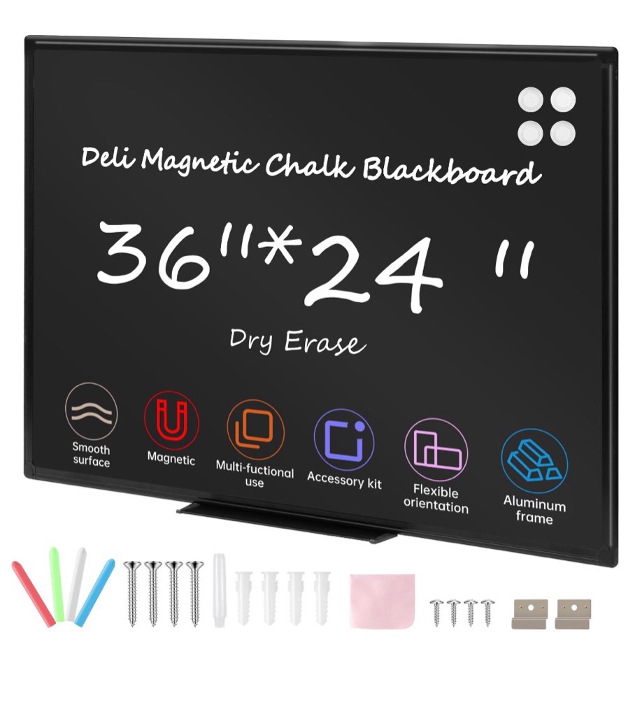 deli magnetic blackboard dry erase board, 36" x 24" wall mounted black board with aluminium frame for school and home