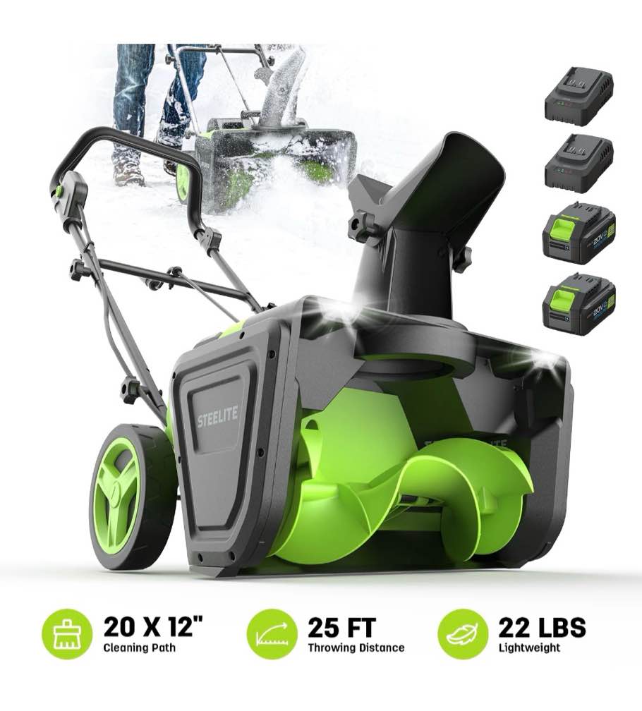 steelite 2x21v cordless snow blower, 20" snow thrower with brushless motor,850 lbs/min electric snow remove machine with 2 x4.0 ah batteries & charger