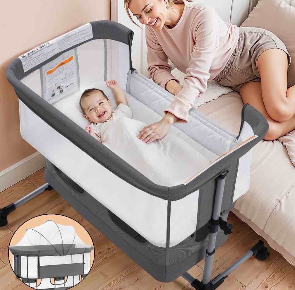 vomeast baby bassinet bedside sleeper with wheels, adjustable height, storage basket, mosquito net for newborns infants, dark gray