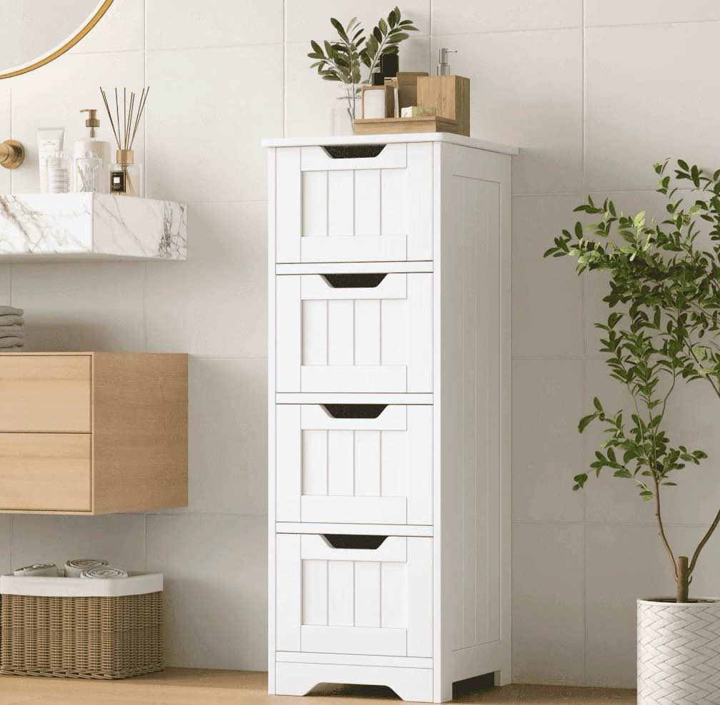 homfa bathroom storage cabinet  free standing narrow cabinet with 4 drawers entryway storage organizer for living room bedroom  white