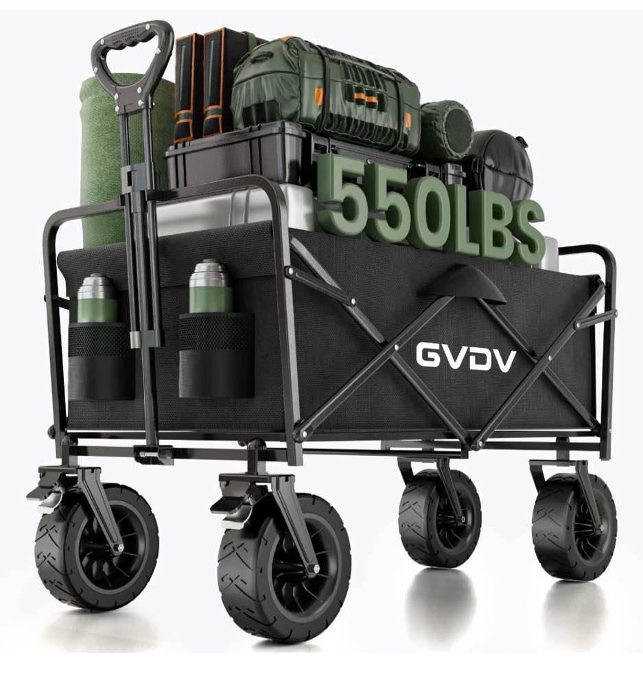 gvdv collapsible folding wagon, 550lbs large heavy duty utility cart with all-terrain wheels and adjustable handles for shopping, camping, sports, outdoor, beach, black