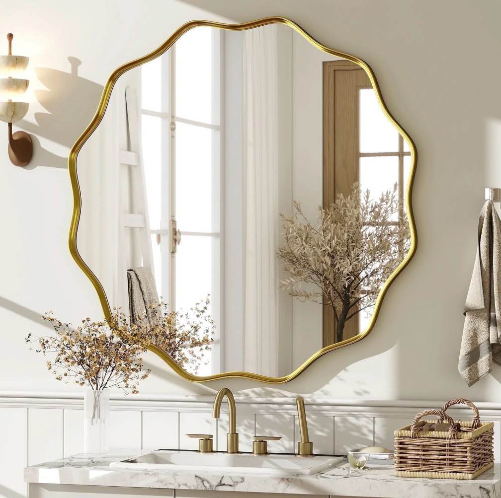 beautypeak 24" wavy round bathroom mirror wall decor with deep frame, gold