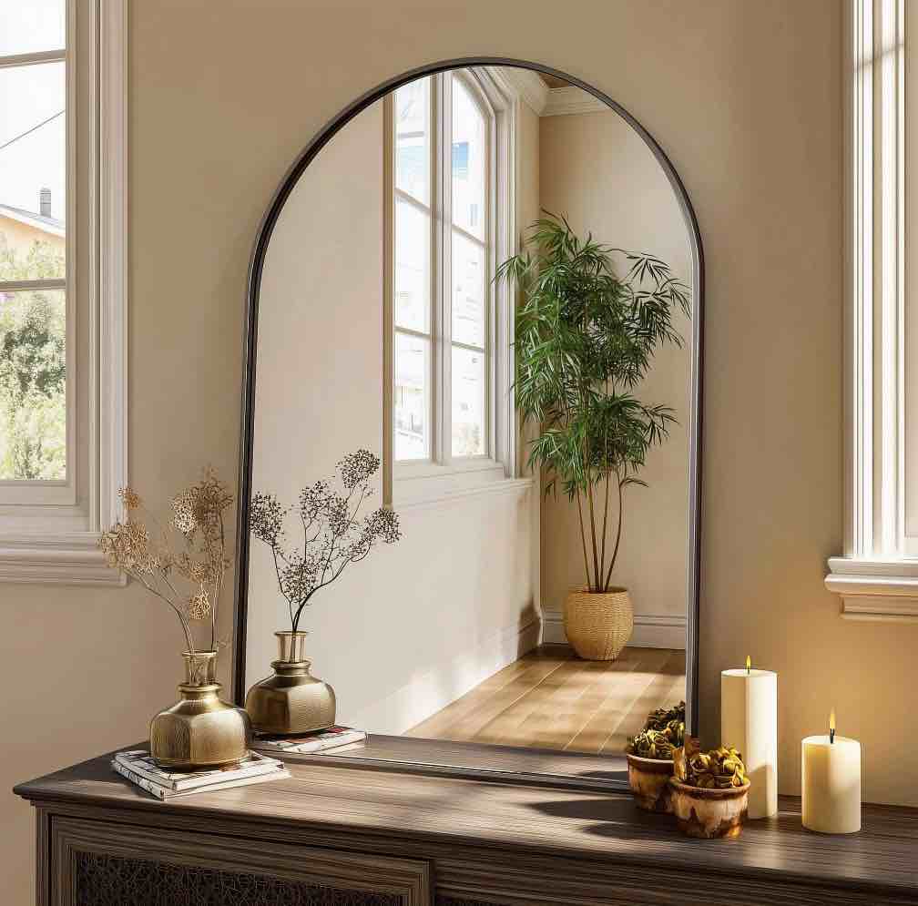 edx 26 x38 arched bathroom mirror wall mounted mirror with aluminum alloy frame bathroom mirror for living room bedroom bathroom and entryway black