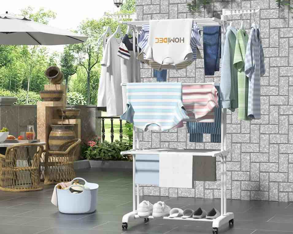 Clothes Drying Rack, 4-Tier Foldable Laundry Drying Rack, Stainless Steel Garment Clothes Dryer Indoor or Outdoor Standing Clothing Rack with Wheels, White