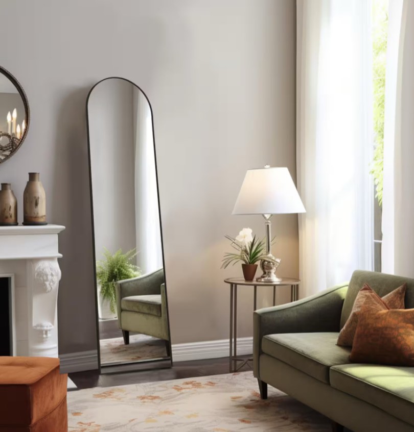 16 in. W x 59 in. H Aluminum Alloy Frame Black Arched Floor Mirror with Floor Stand and Wall Mounted Hooks