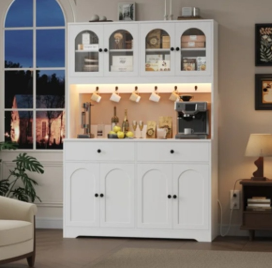 Homfa 71" Kitchen Pantry with LED Lights and Charging Station, Freestanding Kitchen Cupboard with Storage and Microwave Stand, Floor Cabinet for Dining Living Room, White