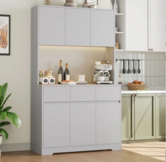 Homfa 70.9'' Tall Kitchen Pantry Cabinet with Charge Station & Led Light, 3 Drawer Storage Cabinet with Adjustable Shelves, Gray