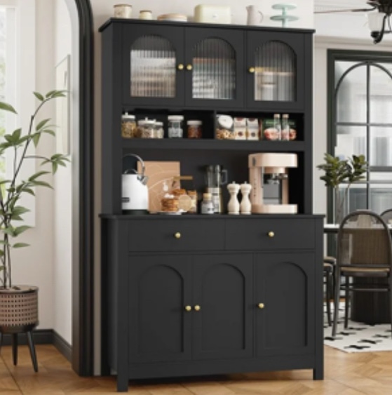 Homfa 72" Kitchen Pantry Hutch Cabinet with 2 Drawers, Microwave Storage Cabinet with Glass Doors and Adjustable Shelves, Black