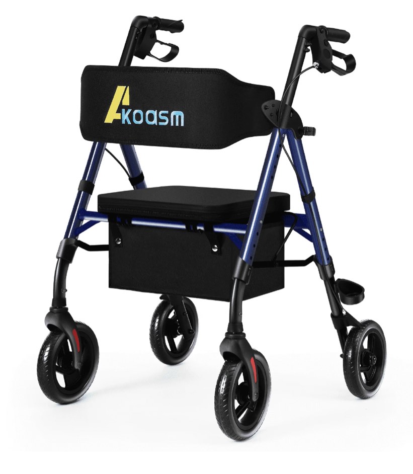 Lightweight Foldable Rollator Walkers for Seniors with Seat - Adult Rolling Walker with Seat and Brakes, 300 Lb Capacity, All Terrain 8" Big Roller Wheels, Adjustable Handles and Seat Height, Blue