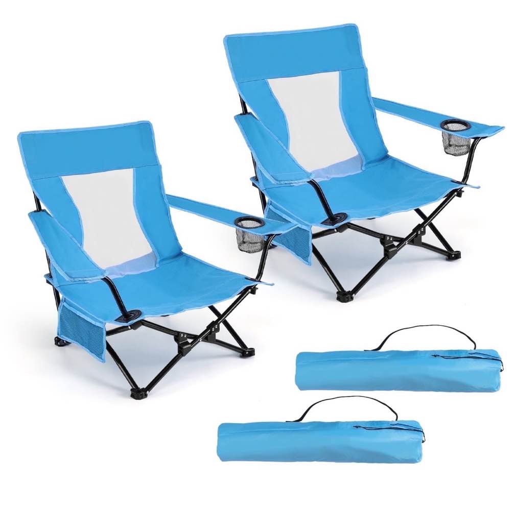 Hasteel Folding Beach Chair for Adults, Low Seat Camping Chair with High Back, Wide Seat Chair with Cup Holder & Carry Bag, Heavy Duty Portable Chair for Outdoor Picnic Travel (2 Pack of Blue)
