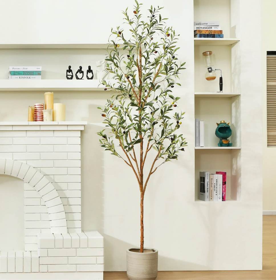 7 ft Artificial Olive Plants with Realistic Leaves and Natural Trunk, Silk Fake Olive Tree in Black Plastic Pot, Faux Olive Tree for Office Home