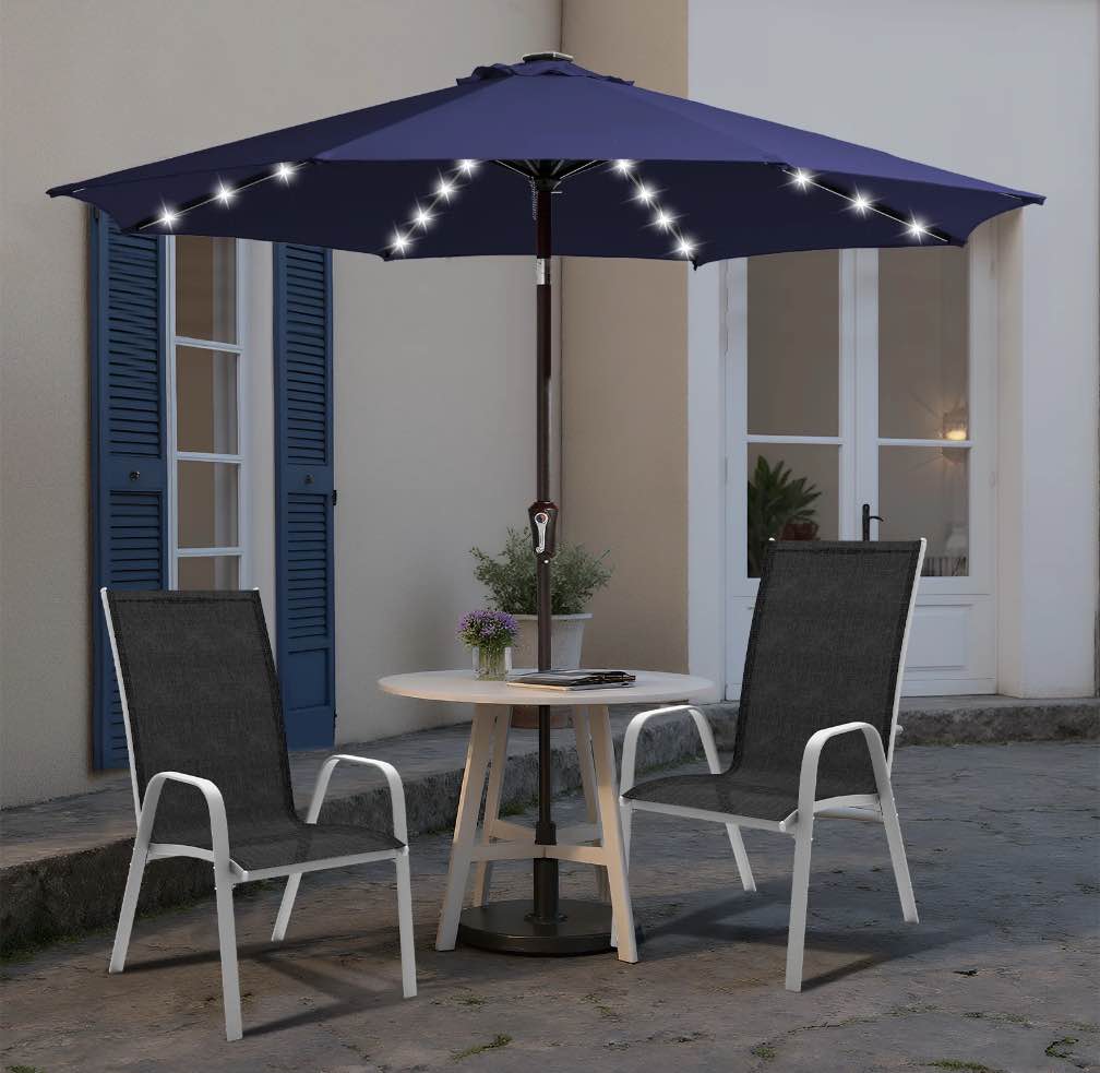 JUSTLET 9' Outdoor Patio Market Solar Umbrella w/ LED Lights, Navy Blue