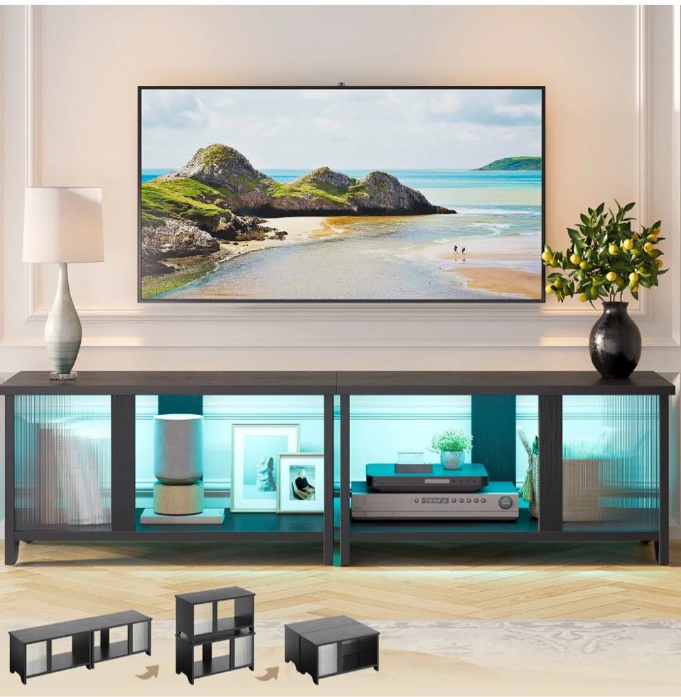 Pinmoco LED TV Stand for TVs up to 65'', Expandable Side by Side or Stacking TV Stand with Storage, Black