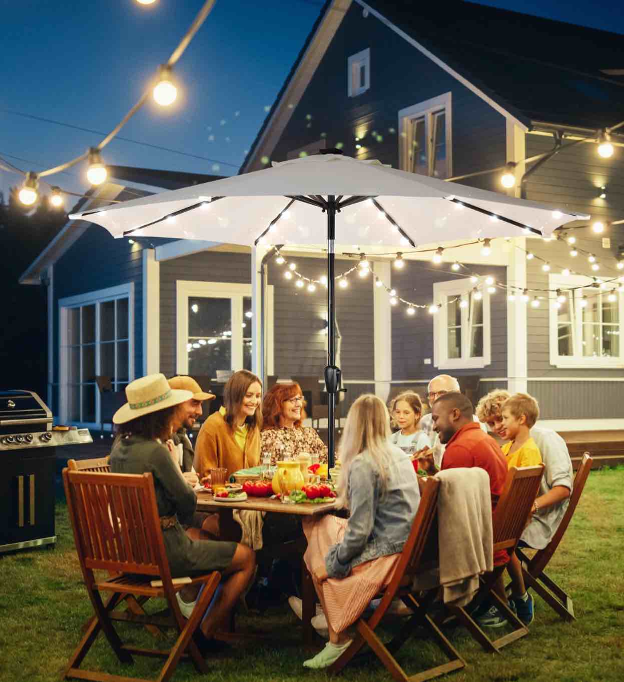 Sun-Ray 9 FT 32 LED Patio Solar Umbrella w/ Push Button Tilt and Crank Outdoor Umbrella  8 Sturdy Ribs  UV Protection  Solution-Dyed Fabric  Creamy Beige