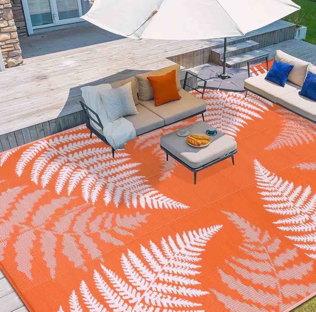 9'x12' Outdoor Rugs for Patios, Yamaziot Patio Rug RV Mats, Waterproof Reversible Plastic Straw Camping Rug for Deck Porch Balcony Beach Tropical, Palm Leaf Orange