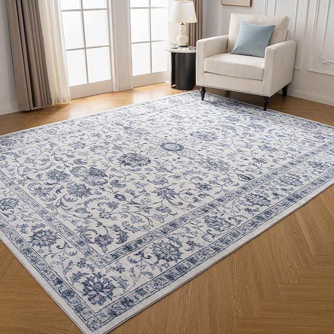 Area Rugs for Living Room - Machine Washable Non Slip Vintage Rug for Bedroom - Low Pile Lightweight Print Floor Carpet for Dining Room,Home Office (Navy Blue, 8'x10' or 9’x12’ - exact size and pattern unknown)