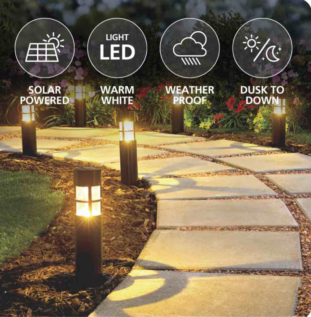Mainstays Solar Powered Black Bollard Landscape Path Light, 10 Lumens (6 Count)