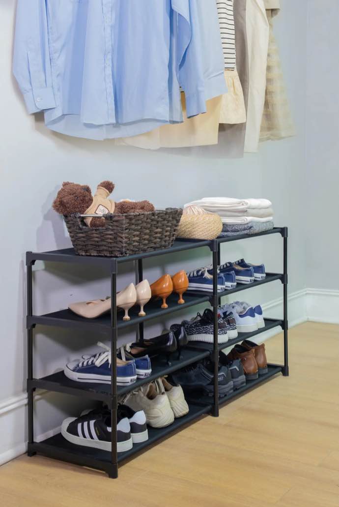 mainstays 4-tier shoe rack storage organizer rich black 24 pairs iron poles & plastic connectors