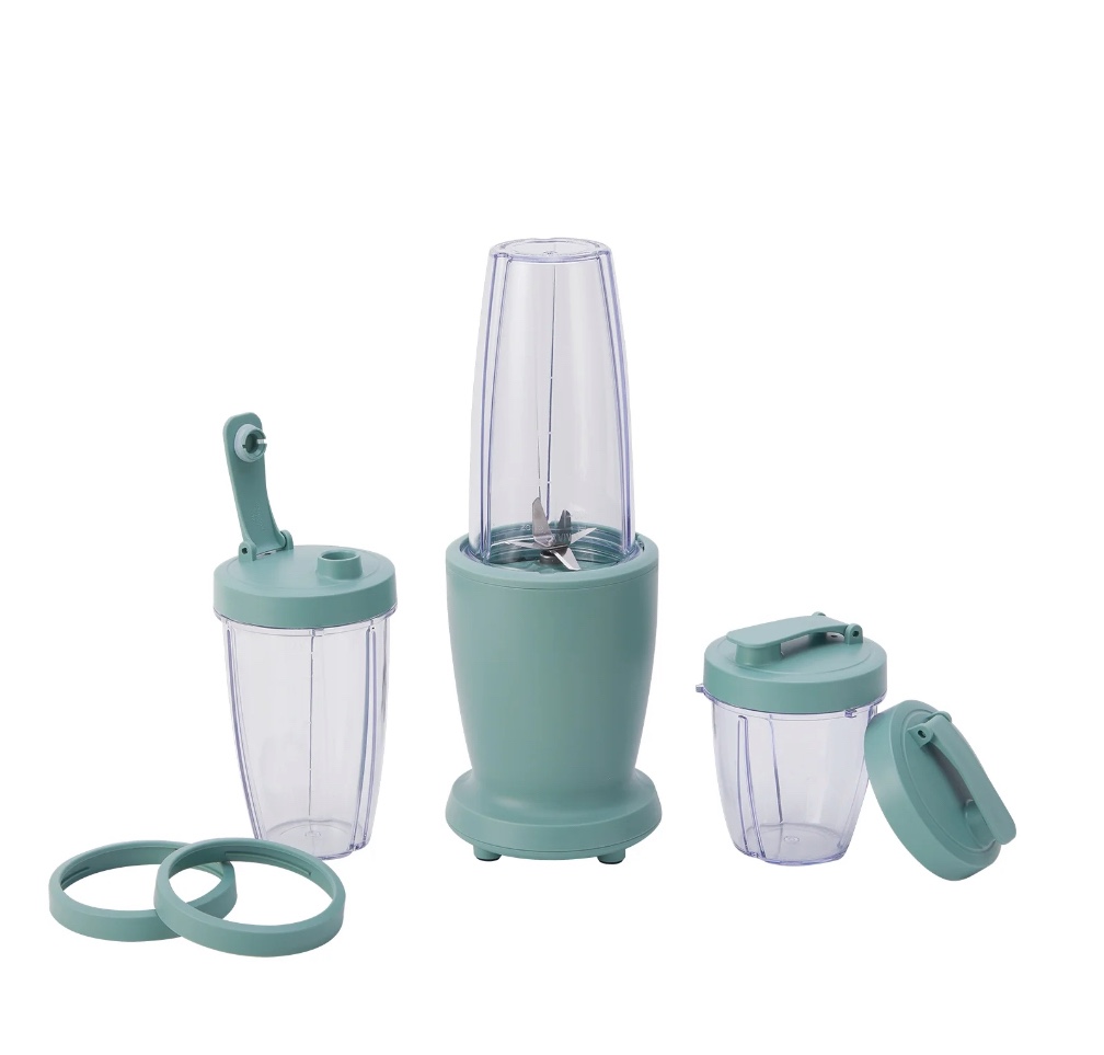 mainstays 10-piece blender set, green sage, 300w, with 3 jars (10oz, 16oz, 18oz), 2 drinking lids, stainless steel blade