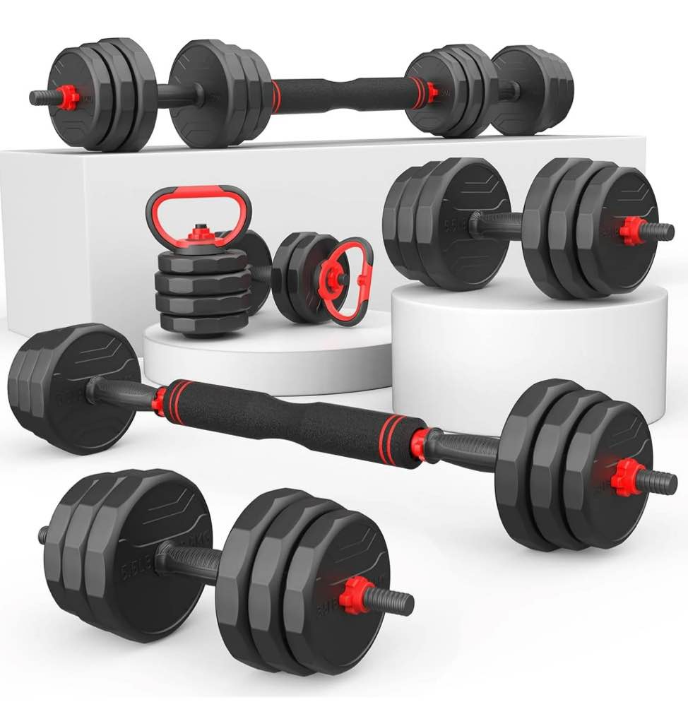 55lbs free weight set with connector, 6 in1 dumbbells set used as barbell, kettlebells, push up stand, fitness exercises for home gym suitable men/women