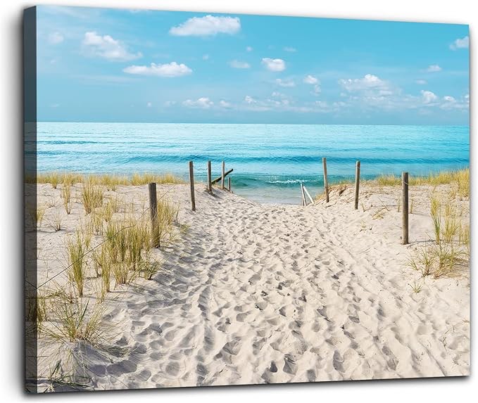 Siozoxis Small Beach Scene Bathroom Wall Art Beach Path Coastal Canvas Wall Decor Blue Sea Bedroom Ocean Pictures Prints Wall Decorations Seascape Office Kitchen Framed Artwork 12 X 16 Inches