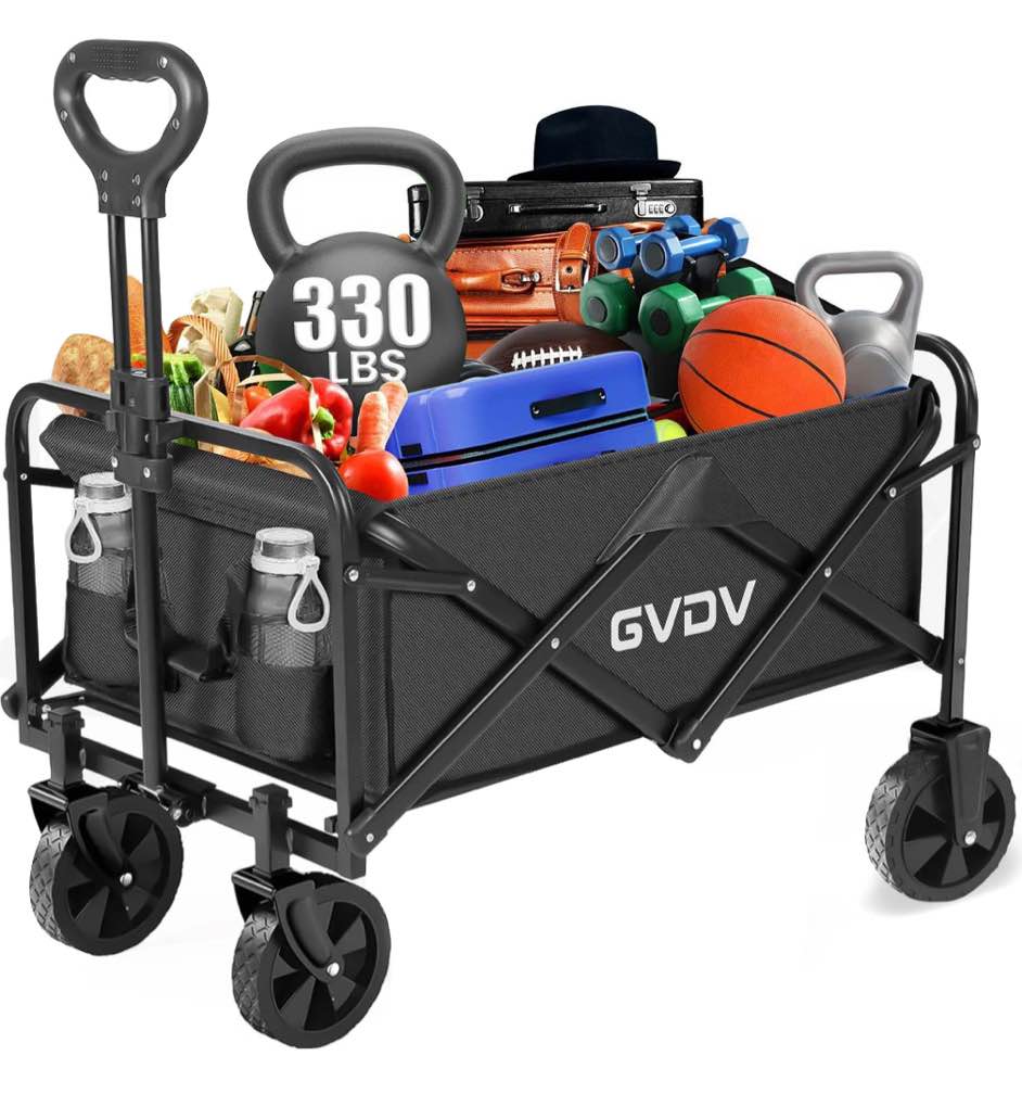 GVDV Collapsible Wagon Cart, Portable Utility Wagon for Camping, Beach, Picnic, Shopping, Sports, and Grocery Transport, Black