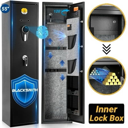 BlackSmith Large Gun Cabinet Fingerprint Biometric Gun Safe for Home Rifles and Pistols Quick Access 5 Rifle Safe Fingerprint Wall Mount Rifle Gun Cab