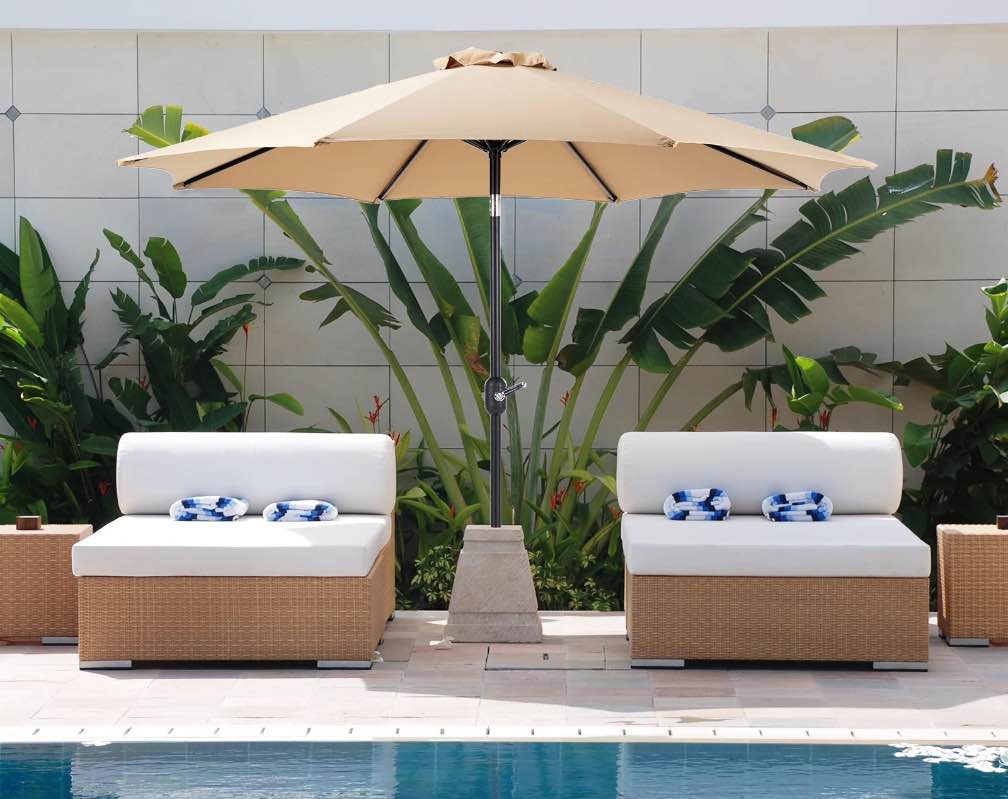 ZUNMOS 9FT Outdoor Patio Umbrella with Push Button Tilt and Crank Handle, Market Umbrella with 8 Sturdy Umbrella Ribs, UV Protection, Waterproof, Khaki