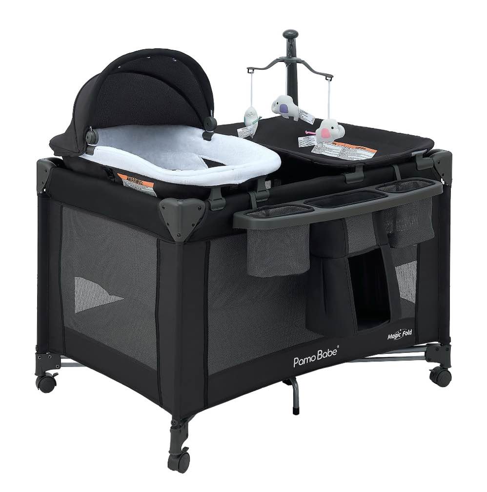 pamo babe baby playard magic fold 1 step bassinet & changing table for newborn, 4-panels (black)