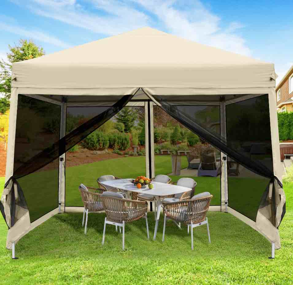 gvdv 10ft x 10ft pop-up canopy, outdoor canopy tent with adjustable height, mosquito netting, zipper doors, and carry bag
