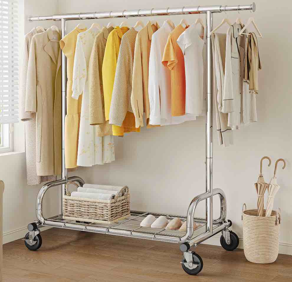 hokeeper heavy duty clothing rack with shelves 300 lbs capacity, rolling garment rack with wheels, extendable hanging rod & storage shelf, compact steel clothes rack for small spaces, silver
