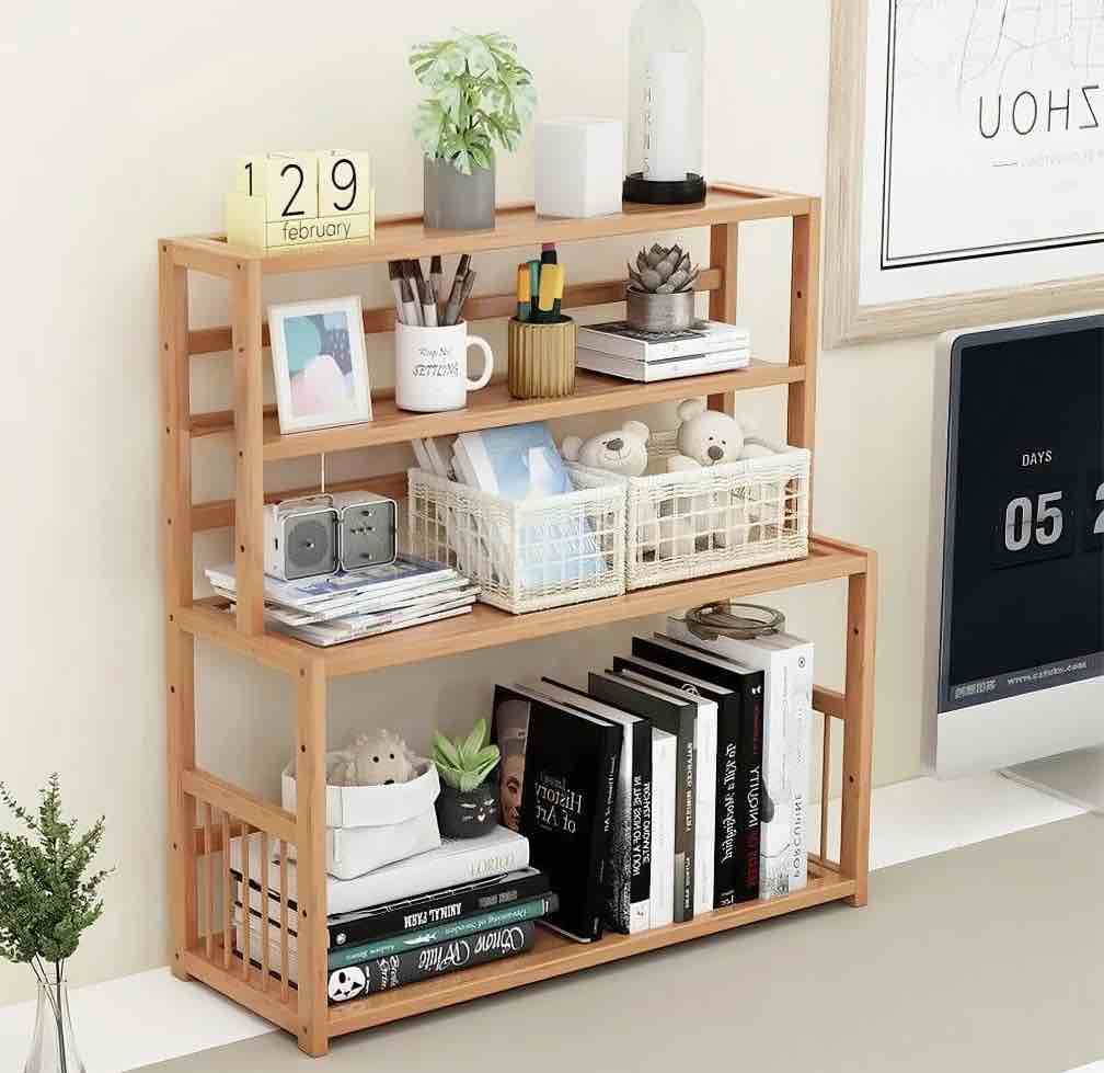 Gtouse 4 Shelf Bamboo Bookcase, Desktop Bookshelf, Plants Display Storage Shelf, Natural, for Home