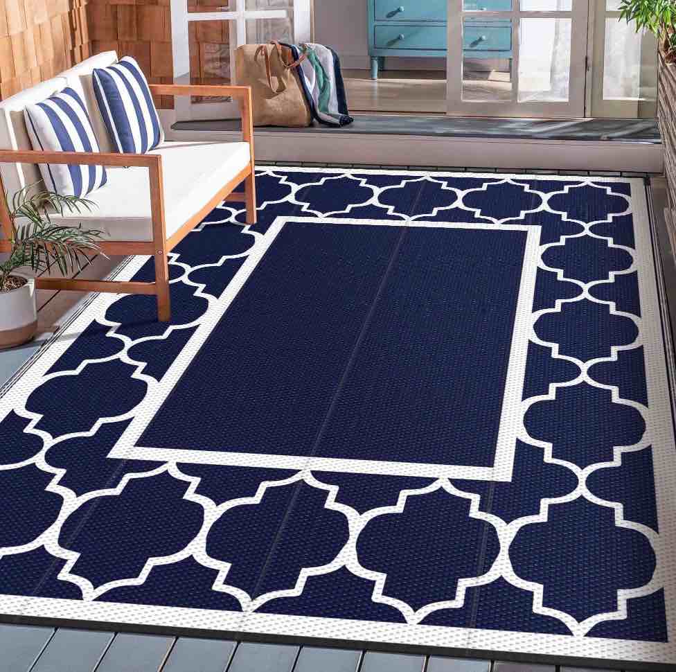 deorab outdoor rugs waterproof plastic straw mat 9'x12' reversible for rv patio deck beach blue & white