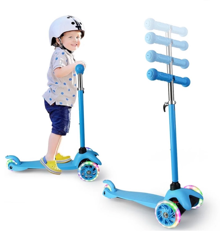 kids scooter kick scooter 3 wheel adjustable height light up led wheels for kids boys girls ages 3-12 blue