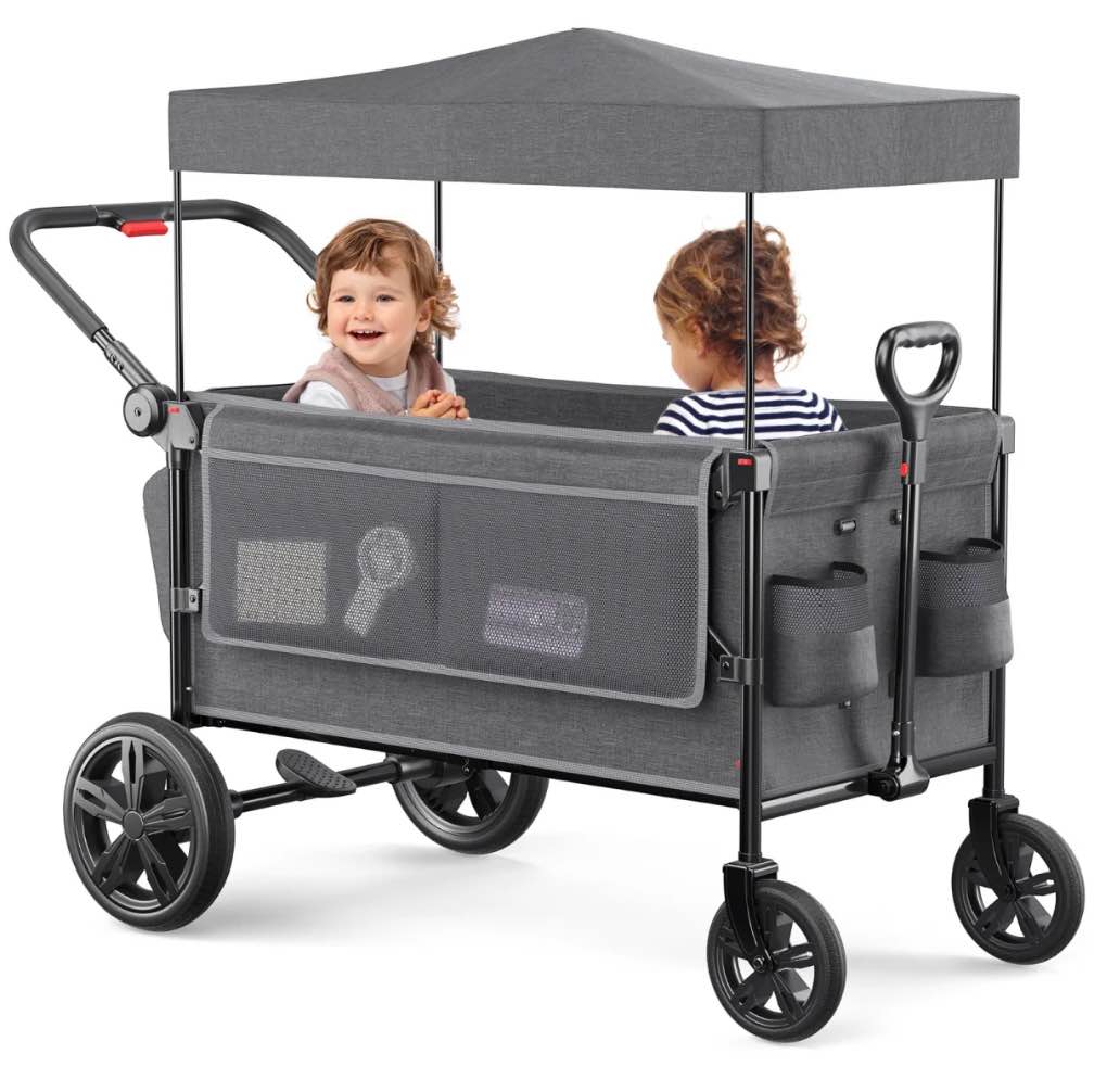 sacvon all-terrain stroller wagon for toddlers with canopy, parent organizer, adjustable handlebar, 2 cup holders