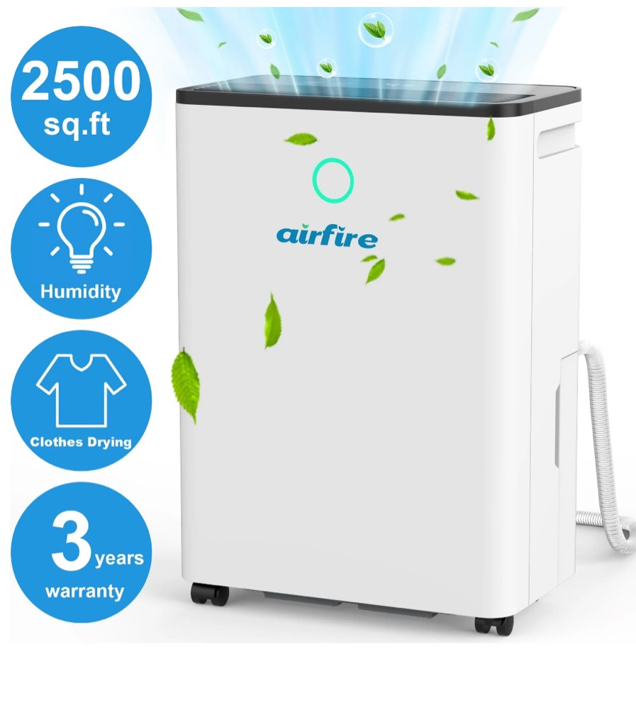 Airfire Dehumidifier, 8 Pint (DOE) Dehumidifier with Drain Hose, Max 2500 Sq.Ft Dehumidifiers for Home Basement, 0.66 Gal Water Tank, Overflow Protection, Auto Defrost& Drain, Humidity Indicator