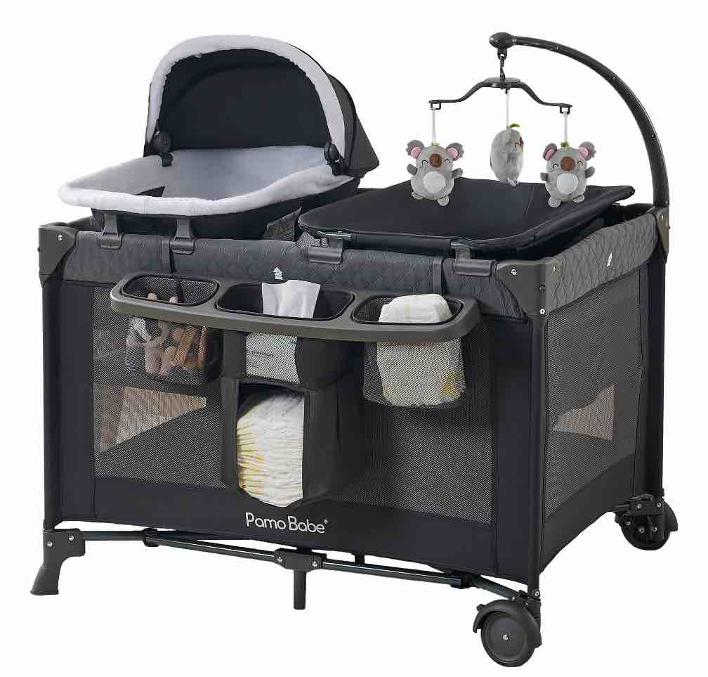 Pamo Babe Unisex Nursery Center Playard with Bassinet & Changing Table for Newborn,Grey