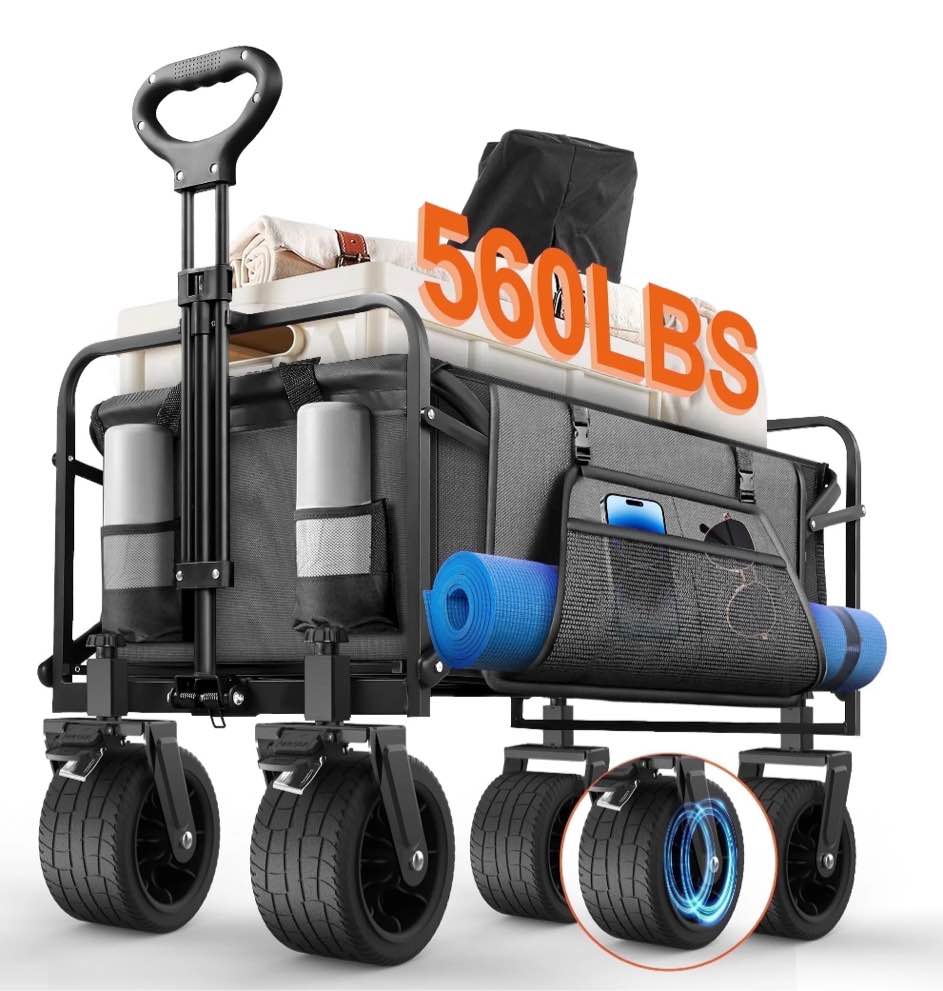 560lbs Large Collapsible Garden Cart with Brakes, Qunler Folding Utility Wagon with Big Wheels and Side Pocket for Camping, Grocery, Grey