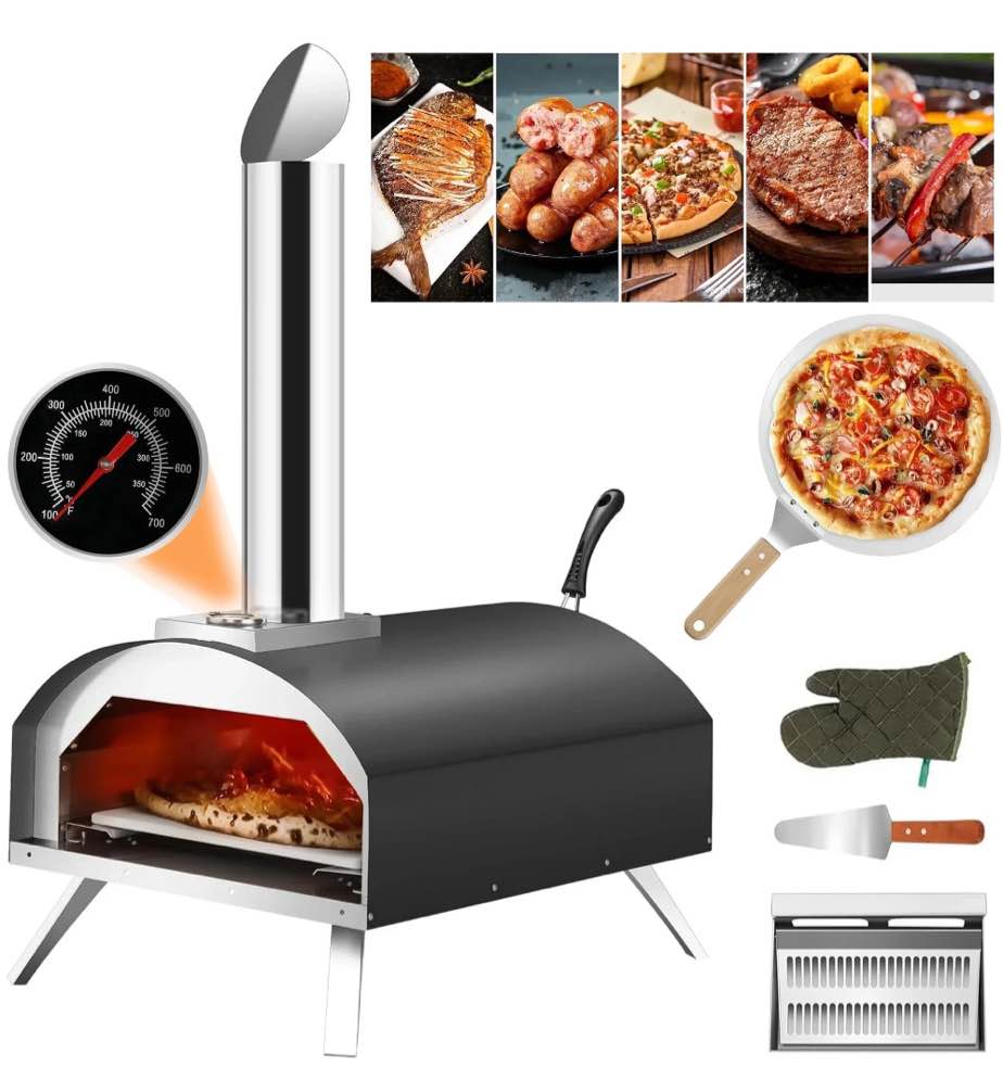 12" Wood Fired Pellet Outdoor Pizza Oven with Built-in Thermometer,Portable Stainless Steel Countertop Pizza Maker for Backyard, Outside Camping and Picnics