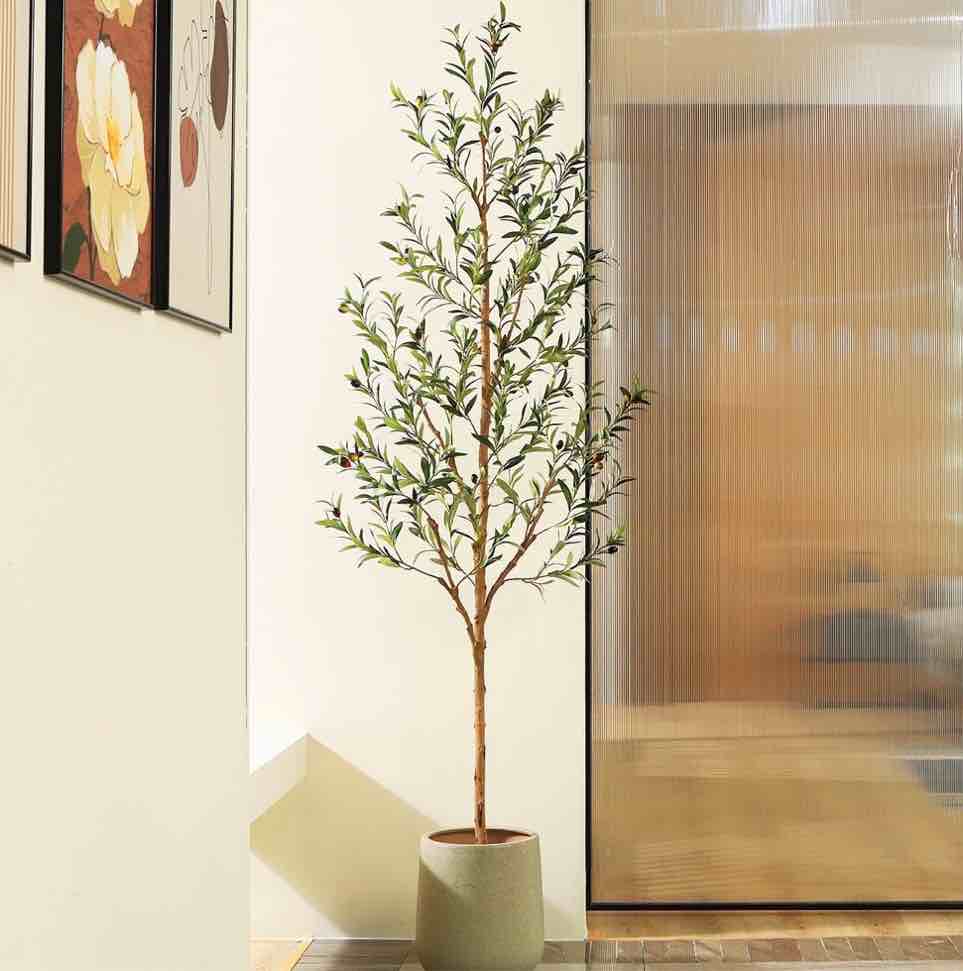 DR.Planzen 7ft Artificial Olive Tree Indoor, Tall Faux Olive Tree, Artificial Plants with Natural Wood Trunk and Lifelike Fruits for Home Office Decor