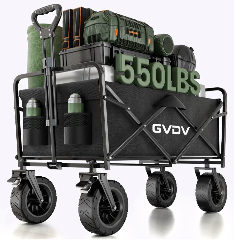 GVDV Collapsible Folding Wagon, 550LBS Large Heavy Duty Utility Cart with All-Terrain Wheels and Adjustable Handles for Shopping, Camping, Sports, Outdoor, Beach, Black