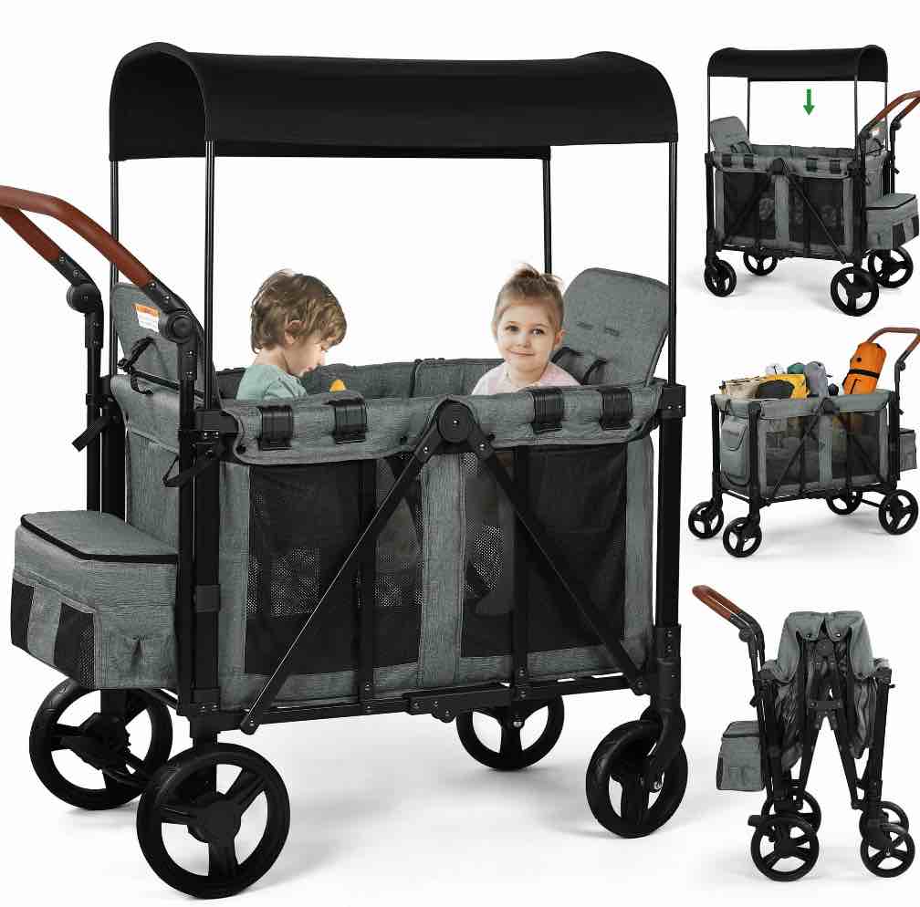 Vomeast Wagon Stroller for 2 Kids, 3-in-1 Wagon Stroller with Canopy, 5-Point Harness, Adjustable Handlebars, Removable Seat for Toddlers, Grey