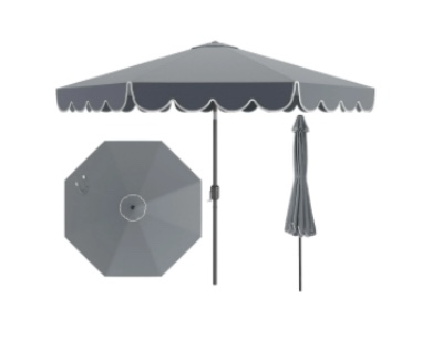 10 FT Patio Umbrella, 2-Tiers Scalloped Outdoor Table Market Umbrella with Tilt Adjustment, Crank, 8 Sturdy Ribs for Pool, Deck, Backyard (Gray)