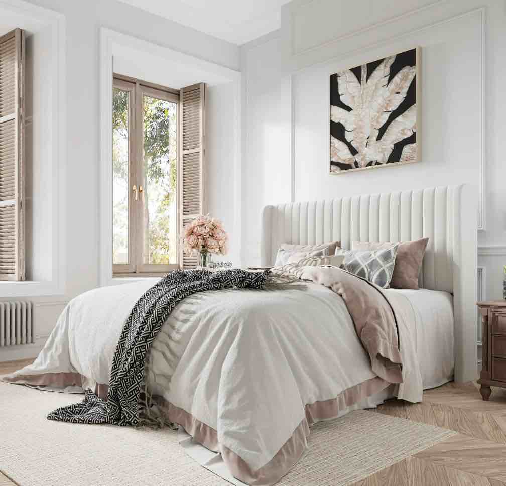 amolife queen size velvet upholstered bed with wingback headboard, off-white