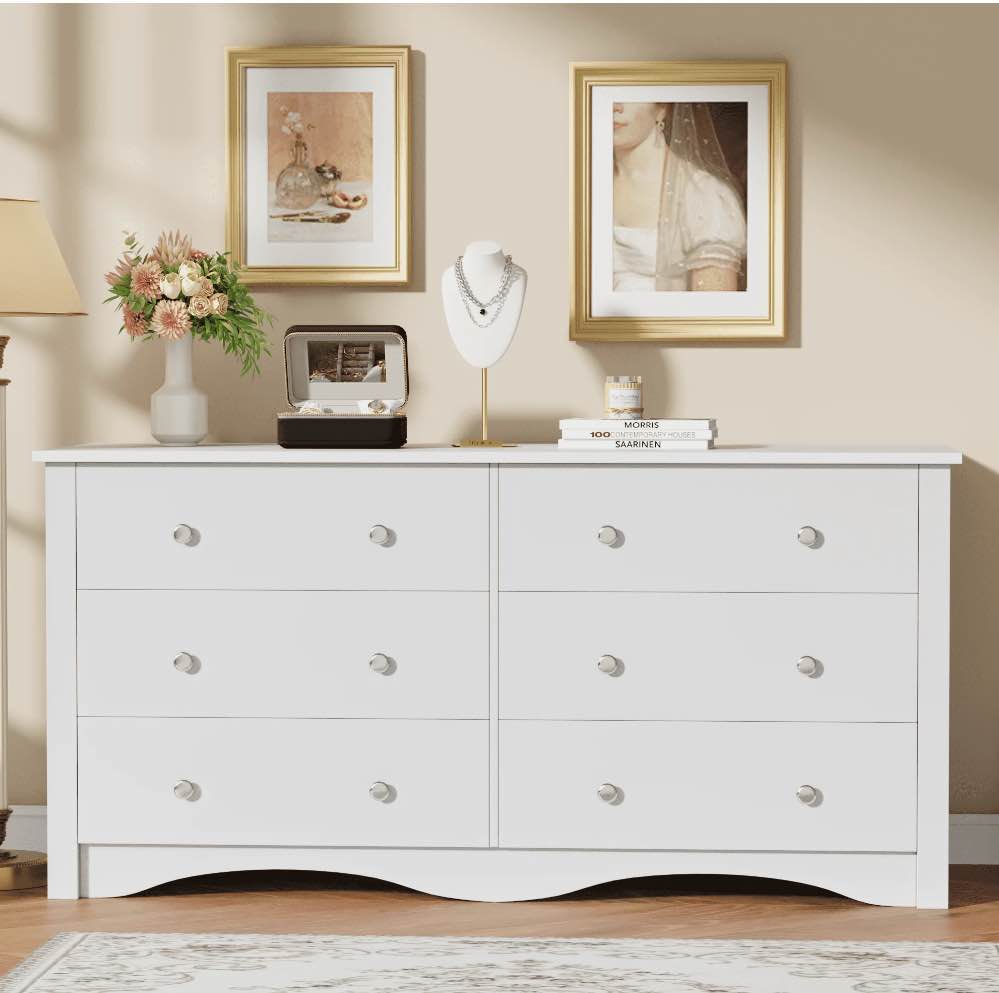 Homall 6 Drawer Wood Dresser Furniture, Double Tier Storage Cabinet for Bedroom & Living Room,White Finish