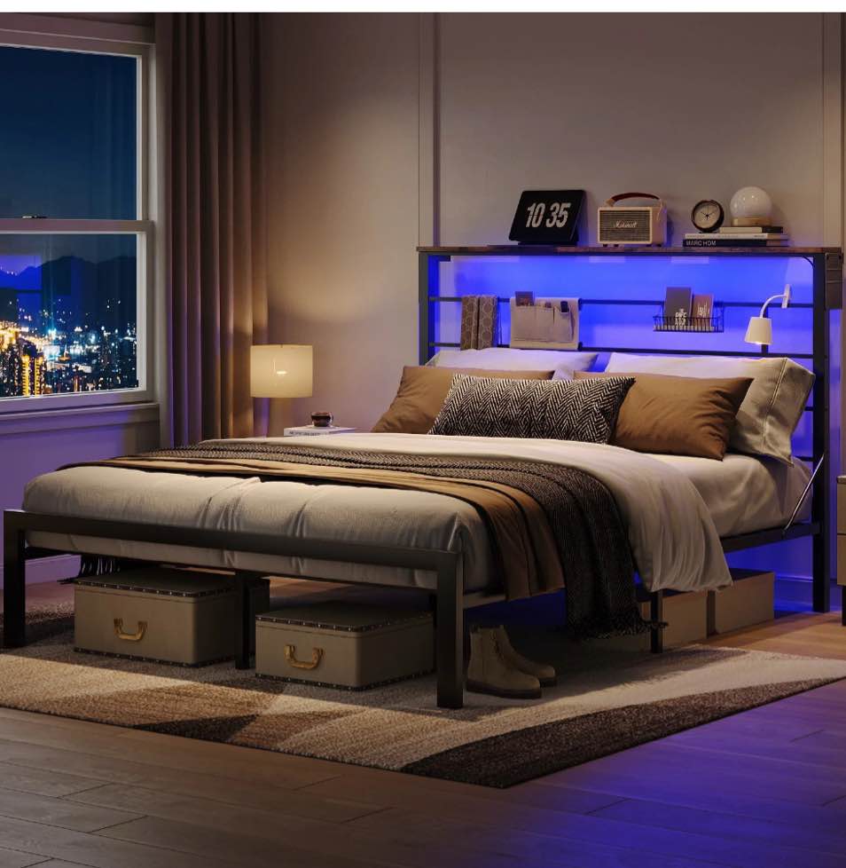 Bestier Queen Size Bed Frame with 49.2" High LED Storage Headboard Shelf, Metal Platform Bed, Black