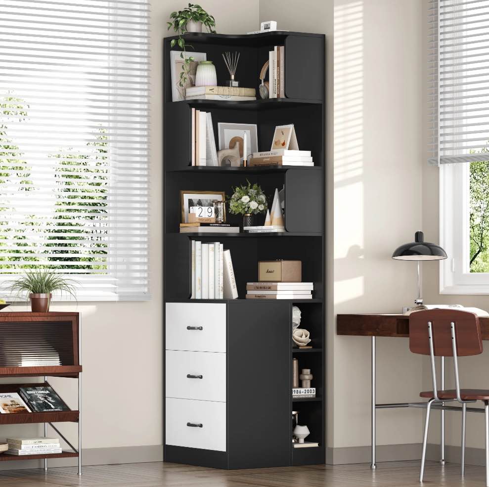 Hiphuta 77"Tall L-Shaped Corner Bookshelf with Drawers and Side Storage, Modern Wood Bookcase with 4-Tier Display Shelves Storage Cabinet for Living Room Home Office , Black