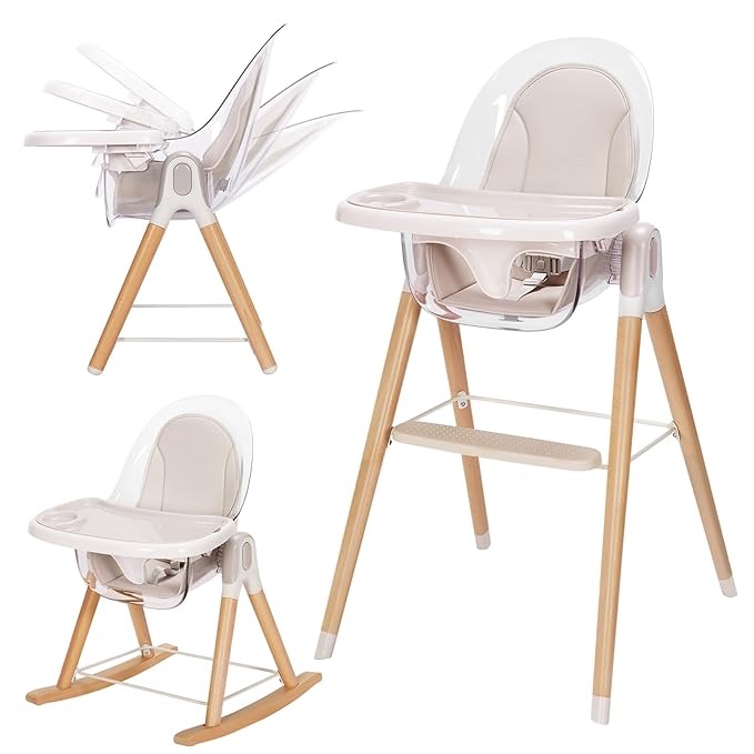 Tiny Dreny Wooden High Chair for Babies and Toddlers, 7-in-1 Grow with Family Convertible Baby High Chair, Toddler and Booster Seat, Rocking Chair, Reclining Seat, Removable Cushion and Double Tray (B08DHWV6MM)