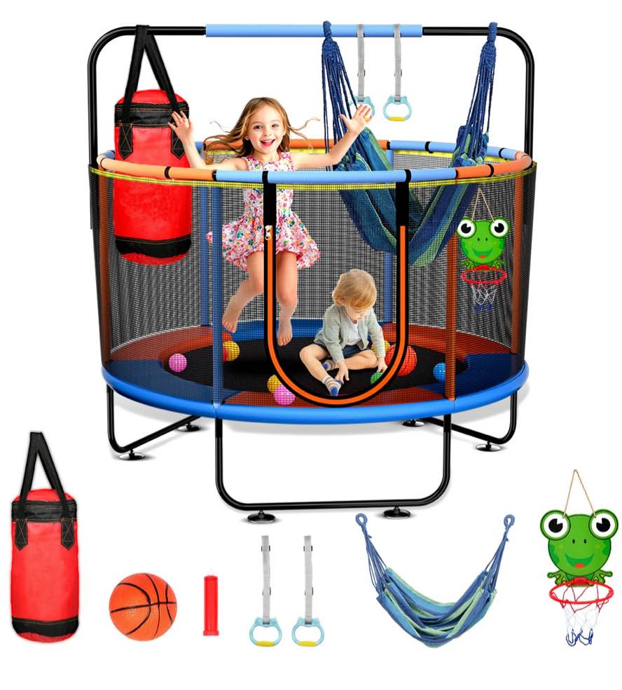 skyhot 55" indoor outdoor mini round trampoline for kids with enclosure net and basketball hoop